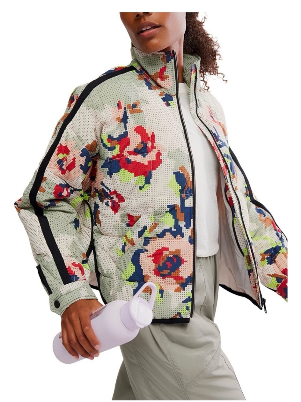 New FP Movement Pippa Printed Packable Puffer Jacket in Cross Stitch Floral Tofu